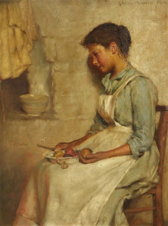Edwin Harris (1855-1906) Interior with woman peeling vegetables, 13.5 x 10.25in.